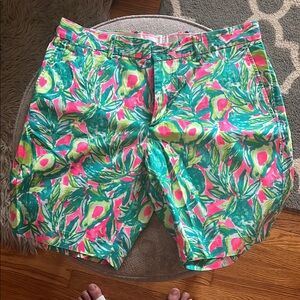 Lilly Pulitzer Pink and Green Flat Front Shorts Vibrant Tropical Print